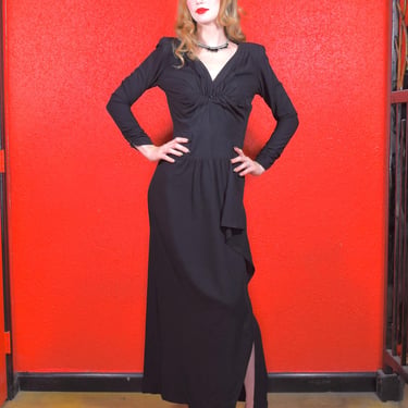 1930s 40s Black Crepe Draped Gown 