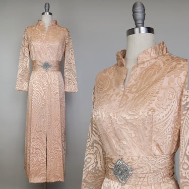 1960s Evening Dress / Pale Apricot Burnout Silk Gown / 60s Cocktail Dress / Size Medium Large 