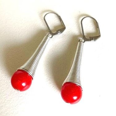 Art Deco vintage Cherry red bakelite modernist bengel style drop earrings bakelite earrings by BakeliteBa