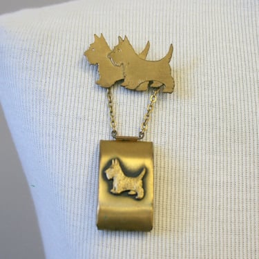 1930s/40s Brass Scottie Dog Coin Holder Chatelaine Brooch 