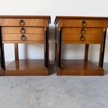 Baker Hollywood Regency Cherry Wood & Marble Top Nightstands – A Pair 