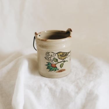 Vintage Mini Ceramic Crock Pail, Bird & Flower Pottery with Wire Handle, 3 Inch Farmhouse Match Holder, Small Planter 