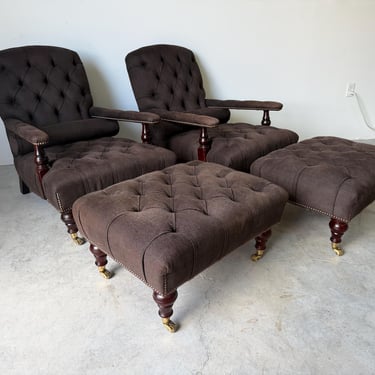 GeorgeSmith England Edwardian Button Tufted Lounge Chairs & Ottoman - A Pair 