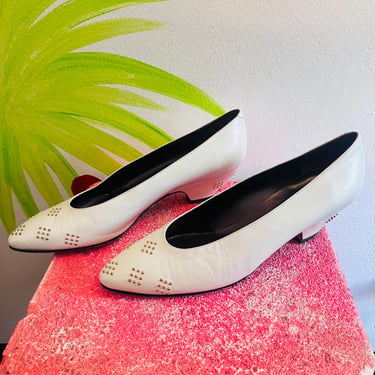 80s white cream leather studded wedge heels 1980s new wave punk gold stud geometric pointed low heel pumps shoes Made in Italy / 8 N narrow 
