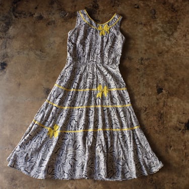 Vintage Summer Dress / Cotton Black White and Yellow Dress / Sleeveless Full Skirt Dress 