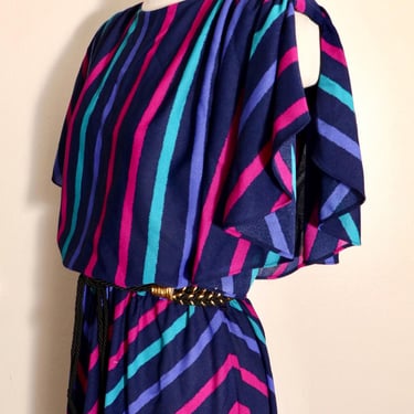 70's Blue Stripe Dress Pat Benatar Disco style 1970's, 1980's Vintage 