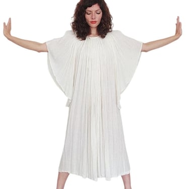 Vintage 1970s Amerikan Climax Caftan Dress Cream Cotton Gauze Angel Sleeves Boho 