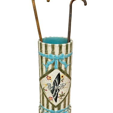 Majolica-Style Umbrella Stand with Vintage Bamboo Canes