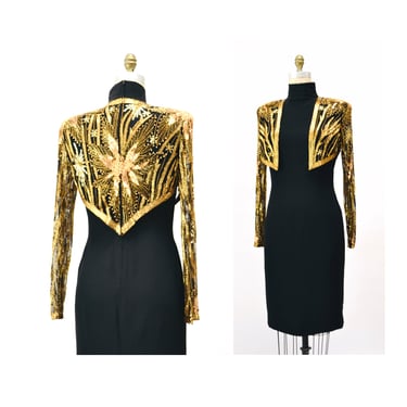 90s Vintage BOB MACKIE Dress Sequin Party Dress Size Small// Vintage Black Gold Party Dress with Sequin Beaded Jacket by Bob Mackie Stars 