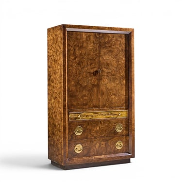 Bernhard Rohne for Mastercraft Mid Century Burlwood and Acid Etched Brass Armoire Dresser - mcm 