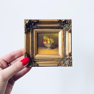 Vintage Miniature Still Life Oil Painting  in Ornate Gold Frame, Fruit 