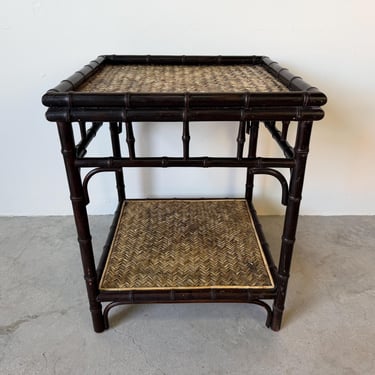 Vintage Palecek Faux Bamboo Carved and Rattan Two-Tier Side Table 