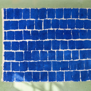 Vintage Cobalt Blue &amp; White Geometric Shag Rug