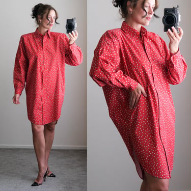 Vintage 80s NORMA KAMALI Red, Black & White Polkadot Print Power Shirt Dress w/ Original Shoulder Pads | Made in USA | 1980s Designer Dress 