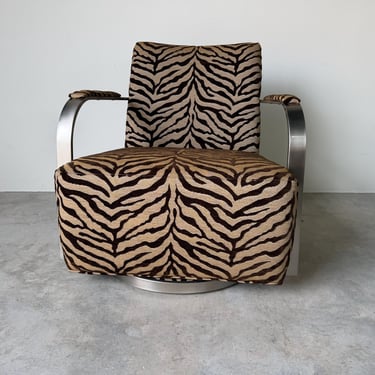 Thayer Goggin “Zac” Zebra Print Swivel Lounge Chair in Brushed Stainless Steel 