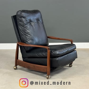 Milo Baughman Walnut Black Recliner Lounge Chair 