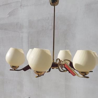 Mid Century Brass Chandelier, 6 Arm Cream Glass Ceiling Light, Vintage Wood & Brass Pendant Lamp, Retro Lighting Fixture 