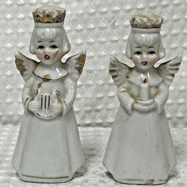 Vintage MCM Japan Ceramic Christmas Angels Set 2 White Gold Holiday Decor 