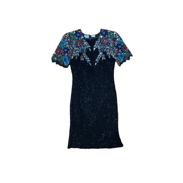 Vintage 1980s Stenay Multi Color Beaded Silk Sequin Cocktail Dress Size 10 