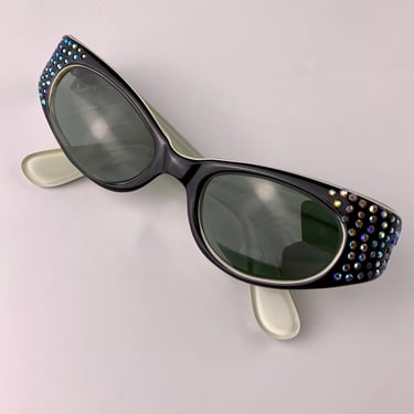 Vintage 1950'S Sunglasses - by SWANK - Made in France - Black Frame Encrusted with Aurora Borealis Rhinestones 