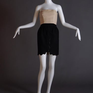 1980s Valentino black and beige bustier mini two-tone dress with scalloped edge 