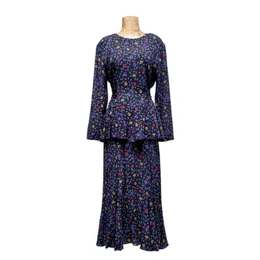 Vintage Carole Little 1980s Does 1940s Peplum Maxi Dress, Black Floral Rayon Frock w/Bias Cut Skirt, Medium, VFG 