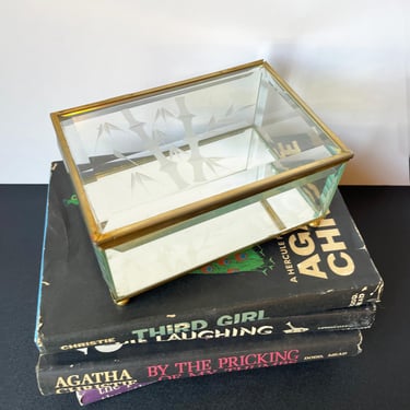 Vintage Glass and Brass Jewelry Box with Etched Bamboo, Keepsake Box 
