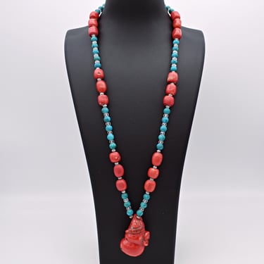 60s Tibet carved bamboo coral turquoise glass 925 sterling silver affixed pendant, big vintage ram & earthworm on gourd necklace 