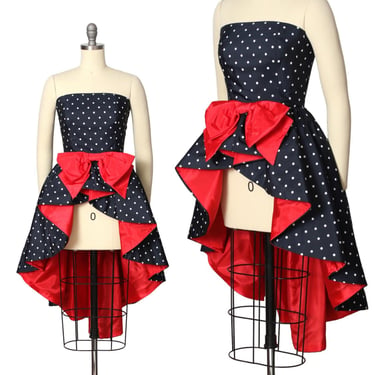 Vintage 1980s Dress | 80s High-Low Polka Dot Midnight Blue Red Peplum Train Top | small 