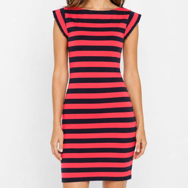 Vintage Y2K Red Black Striped Mini Dress Size Small Fitted Cap Sleeve 2000s Dress 