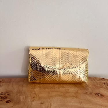 Vintage 80s Gold Snakeskin Leather Clutch Bag, Metallic Python Evening Purse, Glam Disco Clutch, Statement Handbag, Old Hollywood Style 