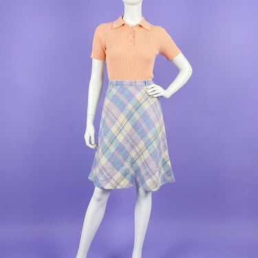 Vintage 1970s Pastel Plaid Wool Blend Midi Skirt Size 24 Waist 