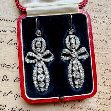 Impressive Antique Georgian Silver Paste Pendeloque Bow Earrings in Fitted Box 