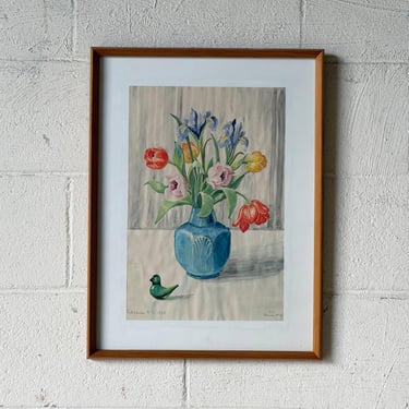 Floral Bouquet Still Life Watercolor Painting J.L. Signed Mid-Century Modern 1975 