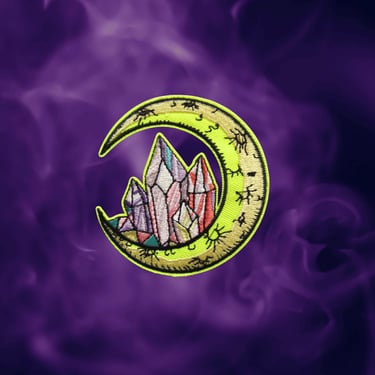 Crescent Moon and Crystals Iron On Patch - Embroidered Celestial Jacket Applique 