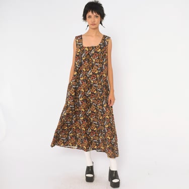 90s Sunflower Floral Dress Black Brown Cotton Sleeveless Ankle Length Scoop Neck A Line Dark Cottagecore Grunge Prairie Sun Vintage Large L 