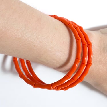 Retro Vintage 60s 70s Orange Bamboo Style Plastic Bracelets Set of 3 