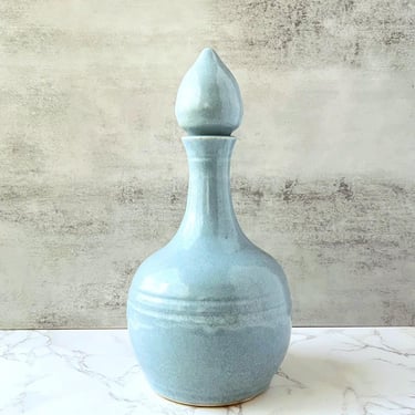 Vintage Studio Pottery Decanter: Signed Blue Ceramic Bottle with Lid 