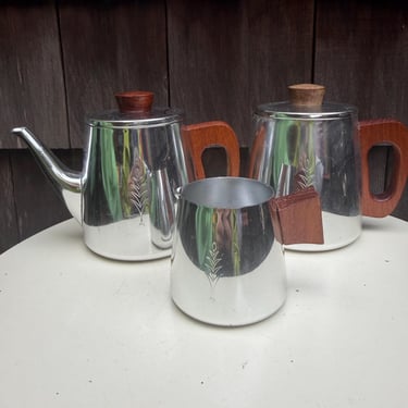 Vintage SONA Set 3 teapot coffee pot creame chrome plated aluminum teak wood handle 