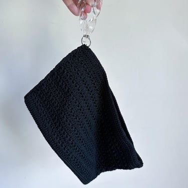 Vintage 1930s-40s Black Corde Clutch Bag with lucite zipper pull 