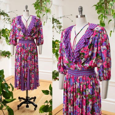 Vintage 1980s Dress | 80s SUSAN FREIS Floral Godet Georgette Pink Purple Pleated Fit Flare Midi Day Dress | small/medium/large 