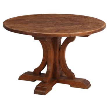 Round French Oak Brutalist Dining Table with Hand Gouged Tabletop, C. 1940