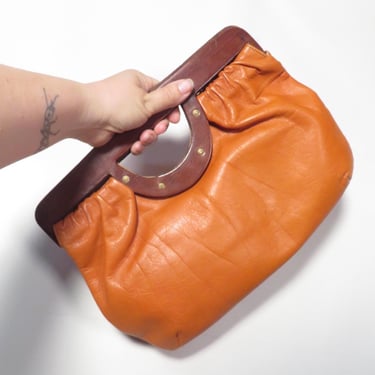 Vintage 70s Orange Leather Wooden Handle Large Clutch Purse 