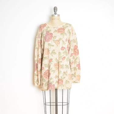 vintage 90s sweater beige cabbage roses floral print grunge tunic long top M 