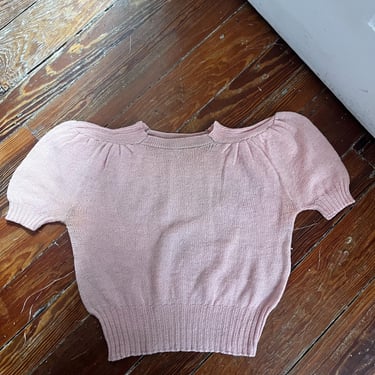 1940s Pink Cropped Puff Sleeve Knit Sweater 