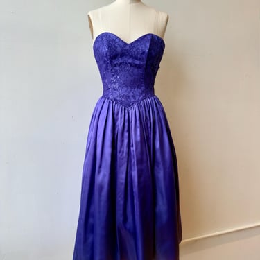 1980s Gunne Sax Purple Lace Dress | Vintage Gunne Sax Prom Dress | Strapless Bustier Dress | Purple Satin Party Dress 