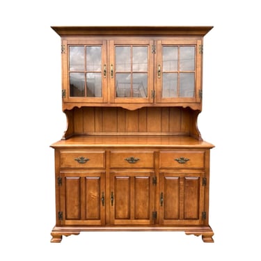 Vintage Solid Hard Rock Maple China Cabinet by Keller - 1960s Traditional Colonial Brown Wood 2 Piece Buffet Hutch with Glass Doors 