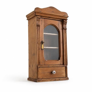 Antique Pine Hanging Cabinet with Glass Door, Lock & Key, Rustic Wall Cabinet with Drawer, Farmhouse Cupboard 
