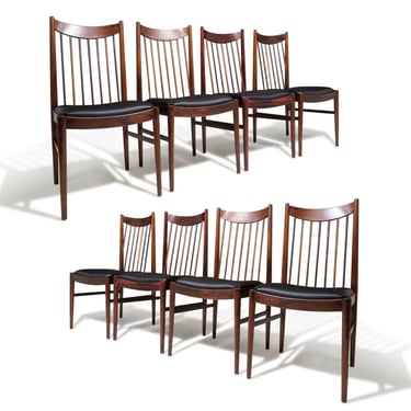 Eight Arne Vodder for Helge Sibast High-back Rosewood Dining Chairs in Black Leather