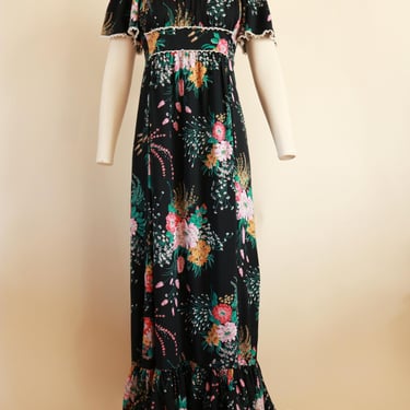 Vintage 70s Bohemian Floral Flutter Sleeve Maxi Dress by Jonathan Logan 